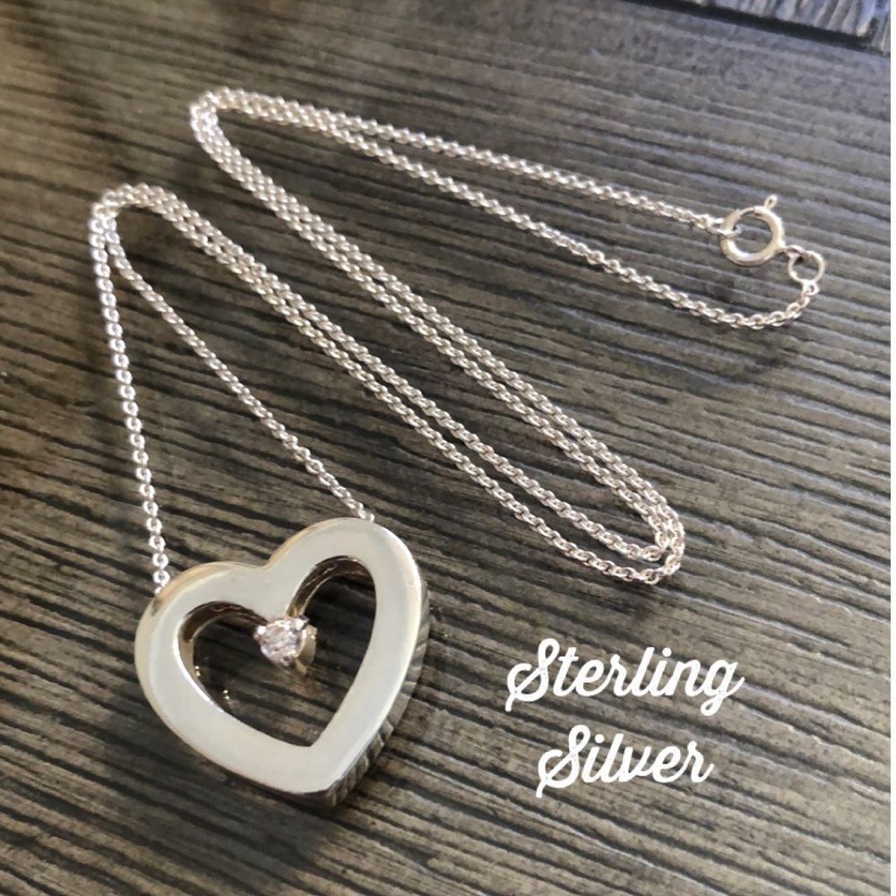 Sterling Silver Heart & CZ necklace 18 1/4”